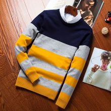 Men's Sweater Long-sleeved Sweater Korean Youth New Sweater Men's Striped Knit Cotton Sweater Round Neck Sleeve （China Size）